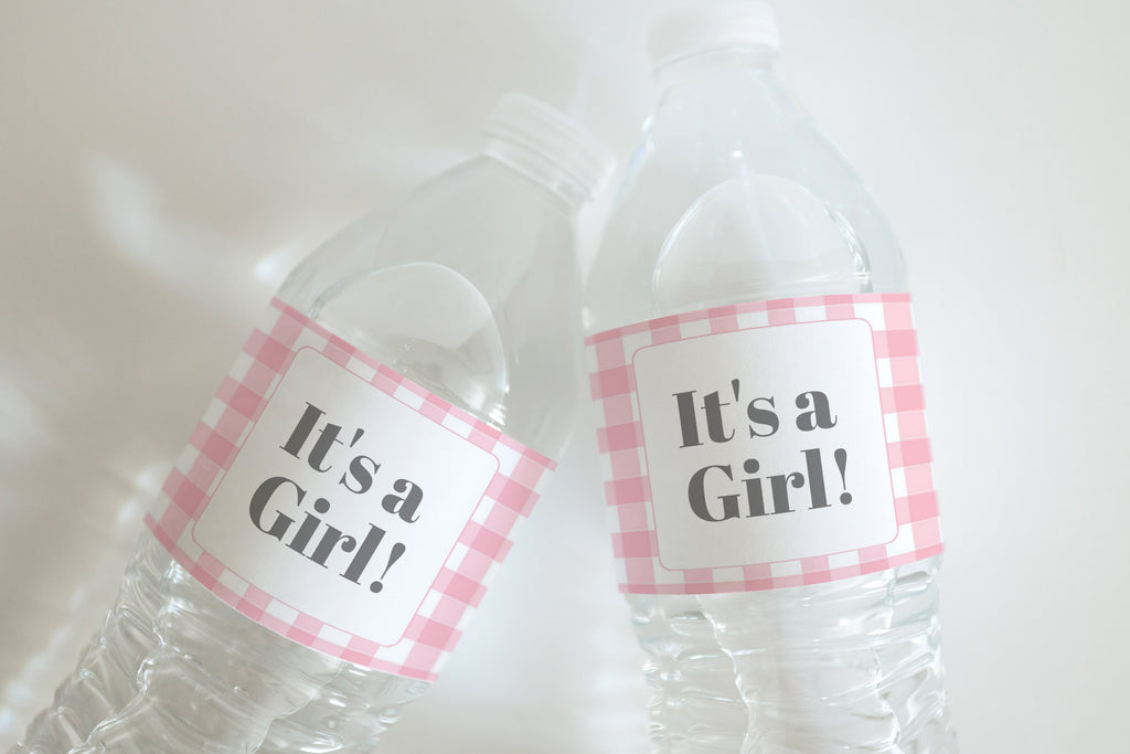 Forward facing photo of 2 water bottle labels in pink gingham