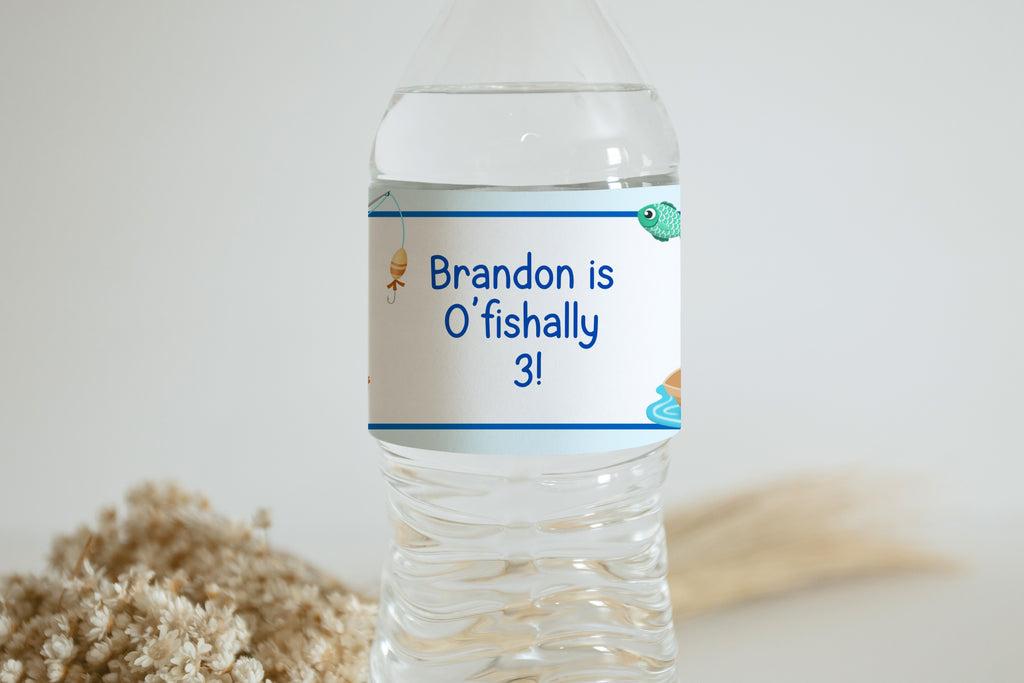 Printable and editable fishing-themed water bottle labels for DIY printing and cutting at home.