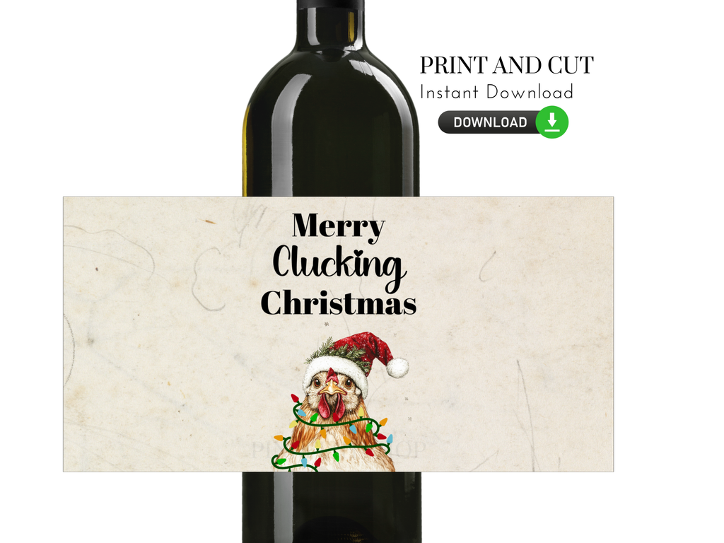 Wine label has a chicken wearing a santa hat and the chicken is wrapped in christmas lights