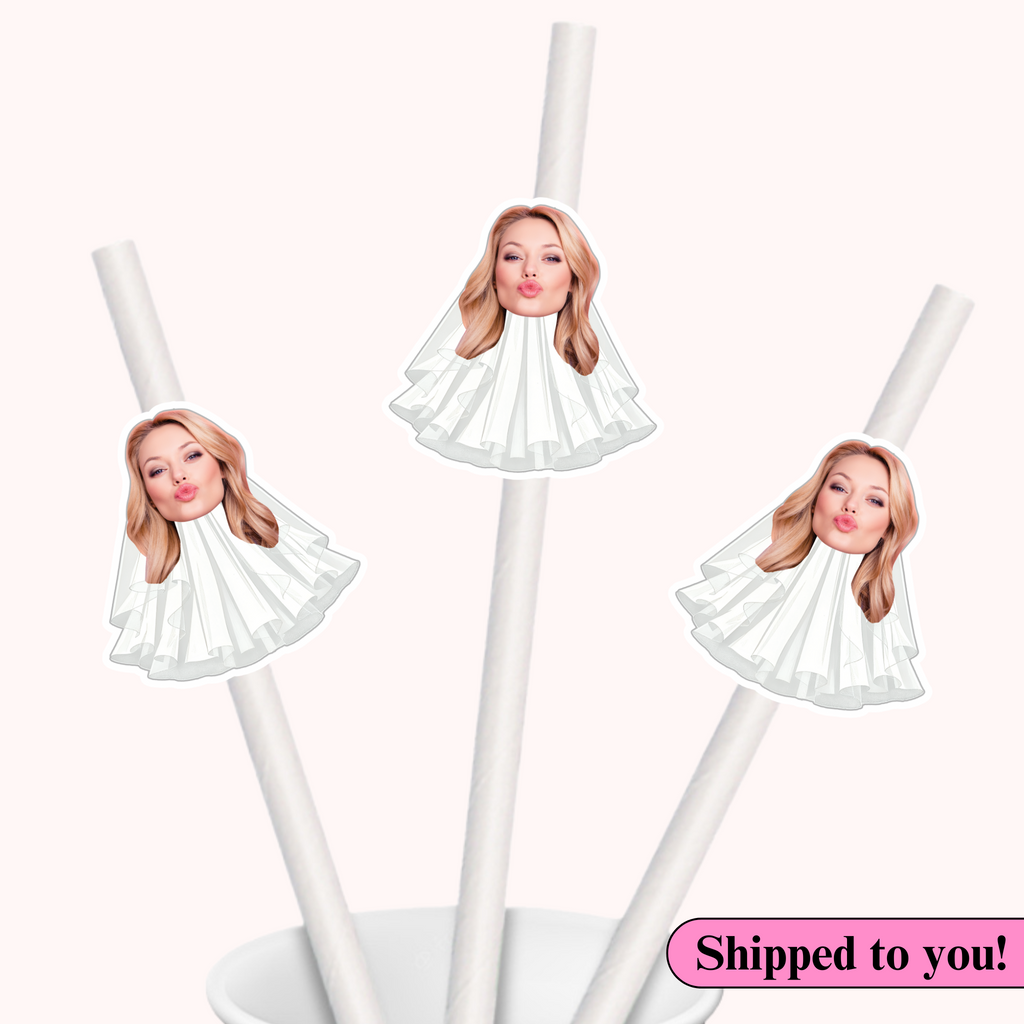 personalized face straws for bachelorette part with bride and veil