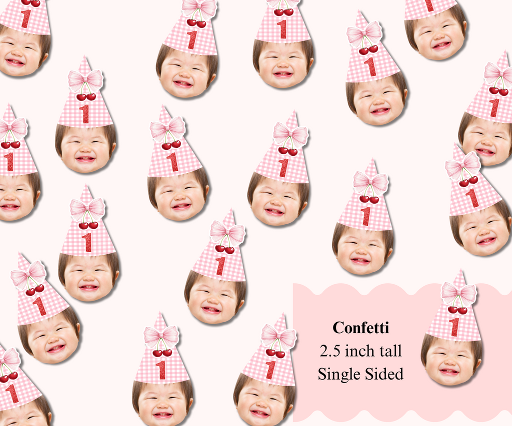 Cherry First Birthday Confetti with Baby’s Face – Cute and customized cherry-shaped hat with a baby’s face to sprinkle on tables or use in decorations.