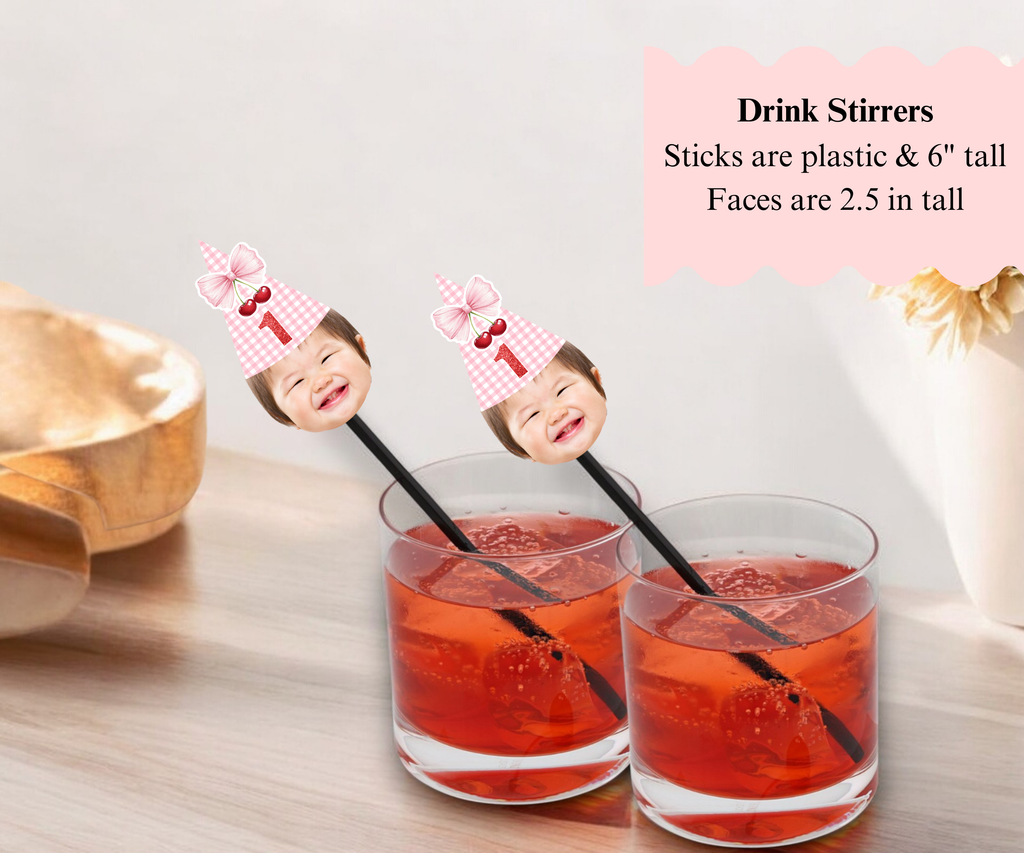 Personalized Cherry First Birthday Drink Stirrers with Face – Custom drink stirrers featuring a cherry design and baby’s face for a fun party touch.