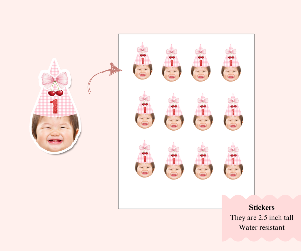 Cherry First Birthday Custom Stickers with Baby’s Face – Personalized cherry-themed stickers featuring a baby’s face, perfect for party favors and decorations.