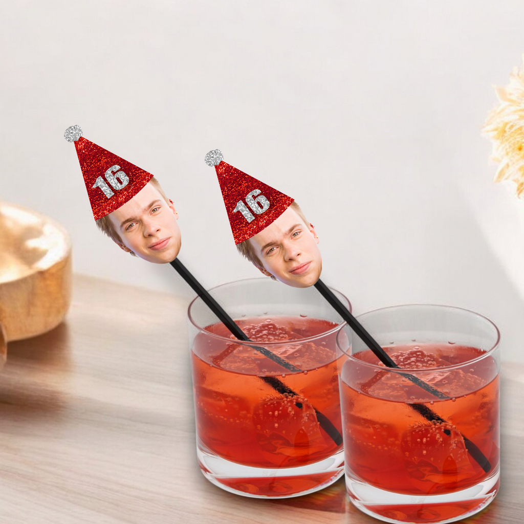 custom face drink stirrers with red glitter 16th hat