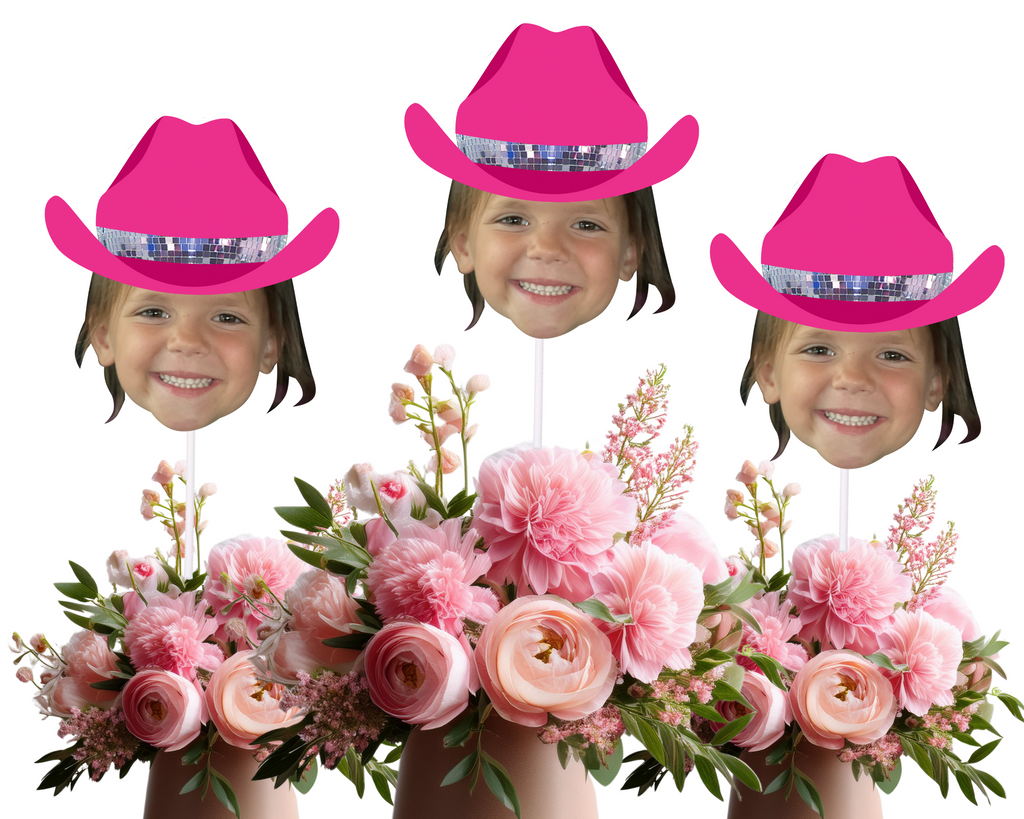 face centerpieces with a hot pink cowgirl hat and a disco band