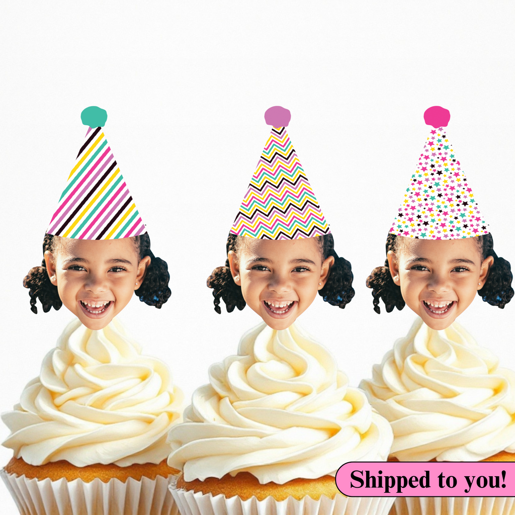 Birthday Cupcake Toppers with Face - Colorful, Mint, Pink, Purple, Yellow Stars, Personalized, Funny (12 Cupcake Toppers per order)