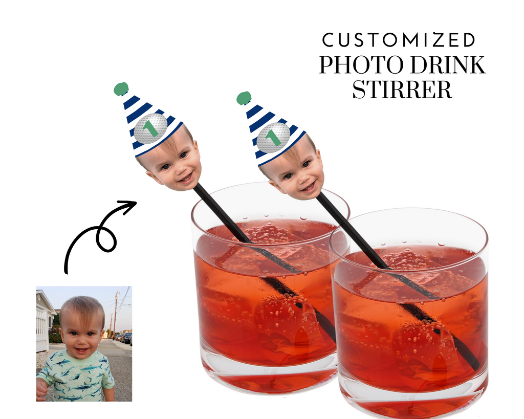 face drinks stirrers with blue and white gold hat on top