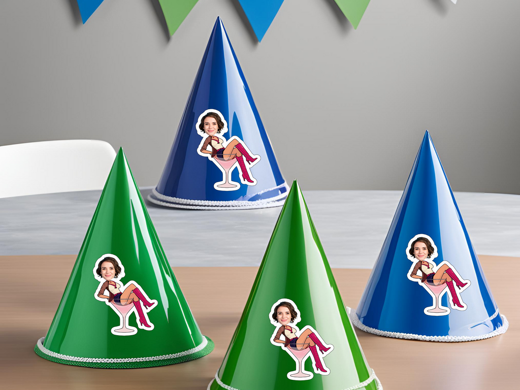 girl in a martini glass stickers for the party hats