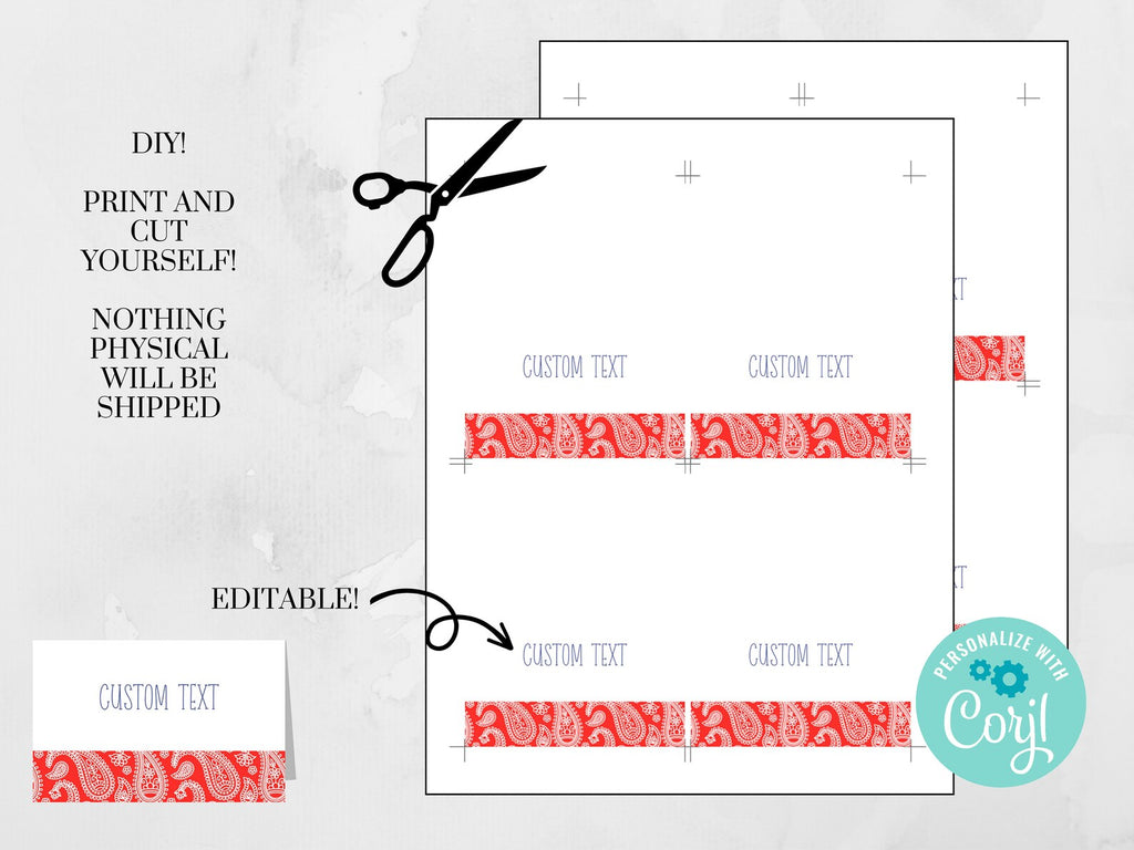 Red Bandana Place Cards - Editable Text, Printable