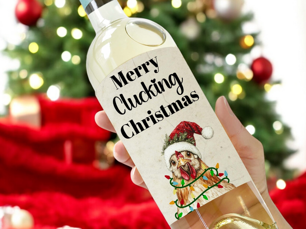 merry clucking christmas wine tag on a bottle of white wine