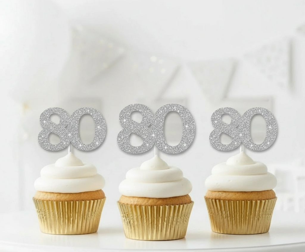 80th Birthday Glitter Cupcake Toppers