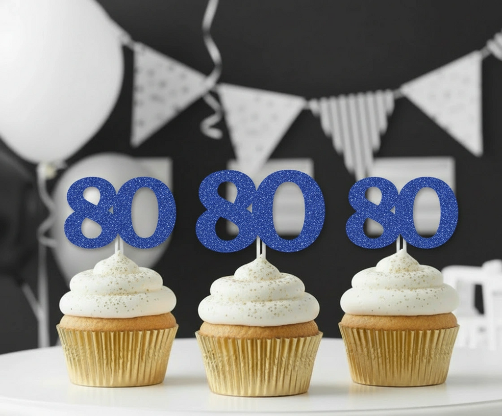 80th Birthday Glitter Cupcake Toppers
