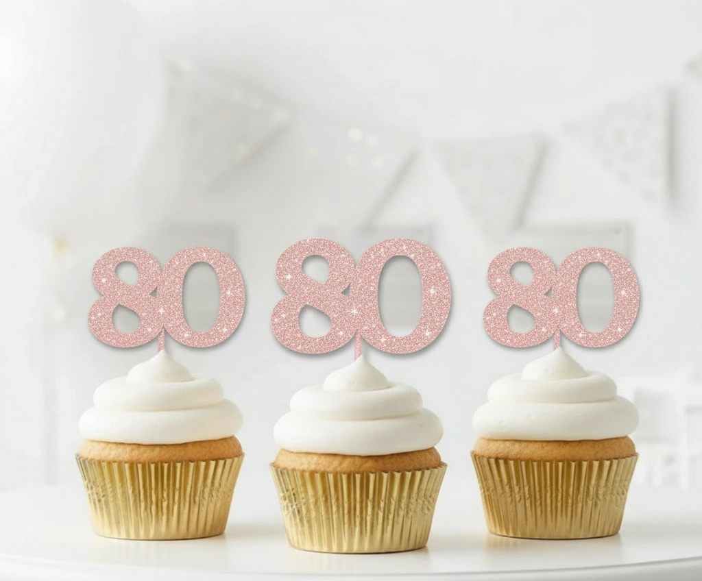 80th Birthday Glitter Cupcake Toppers