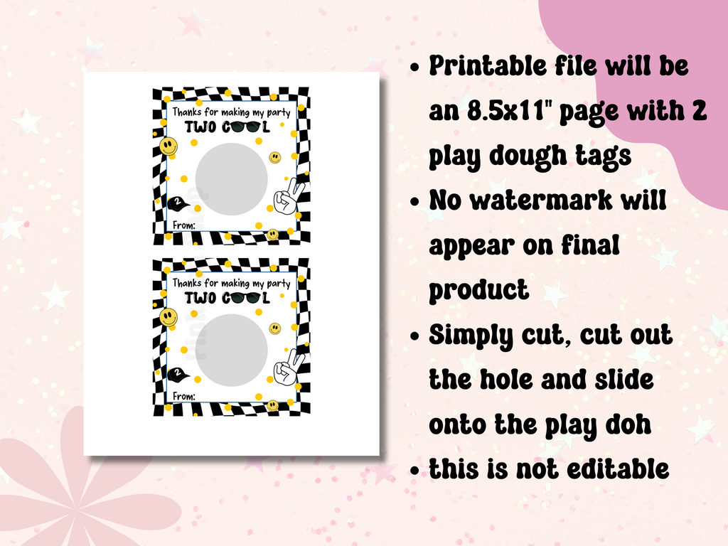 Printable play dough tags with checkered border and text on a pink background