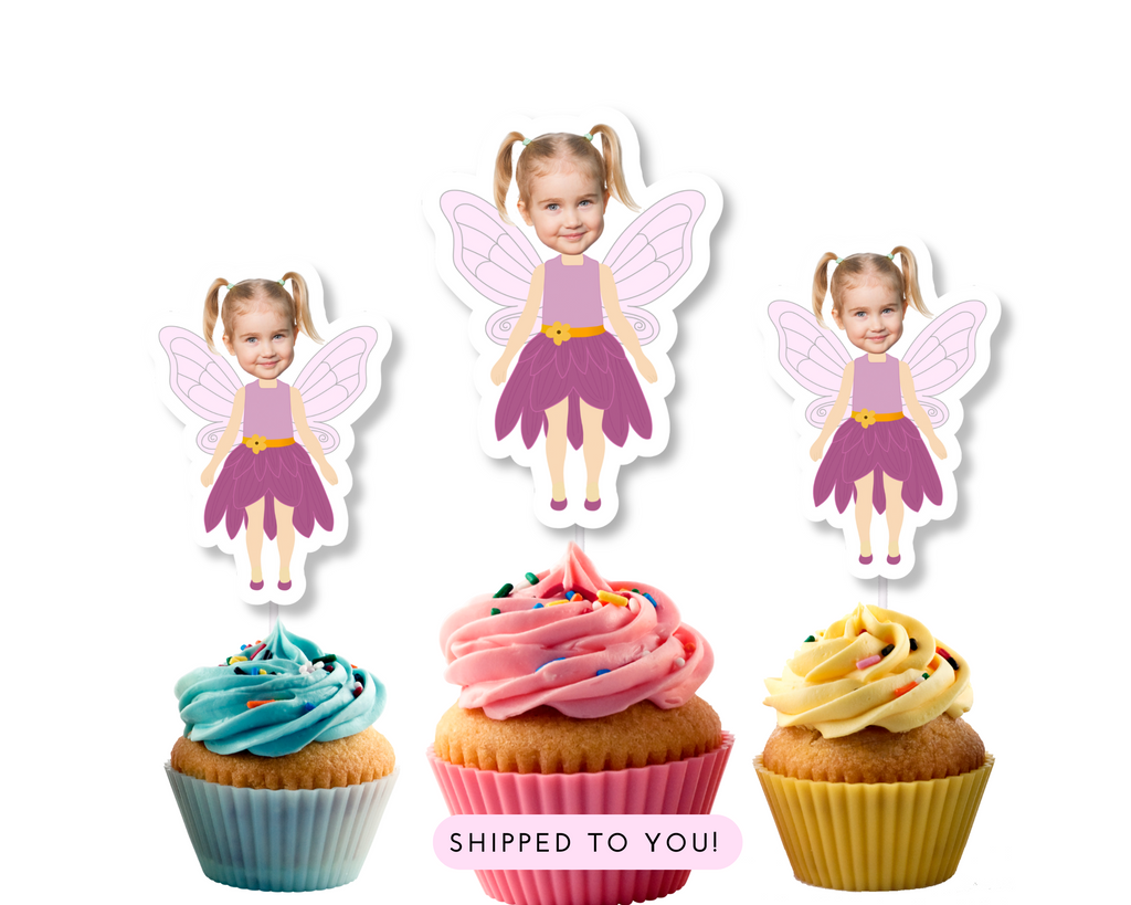 Personalized cupcake topper featuring a custom fairy photo