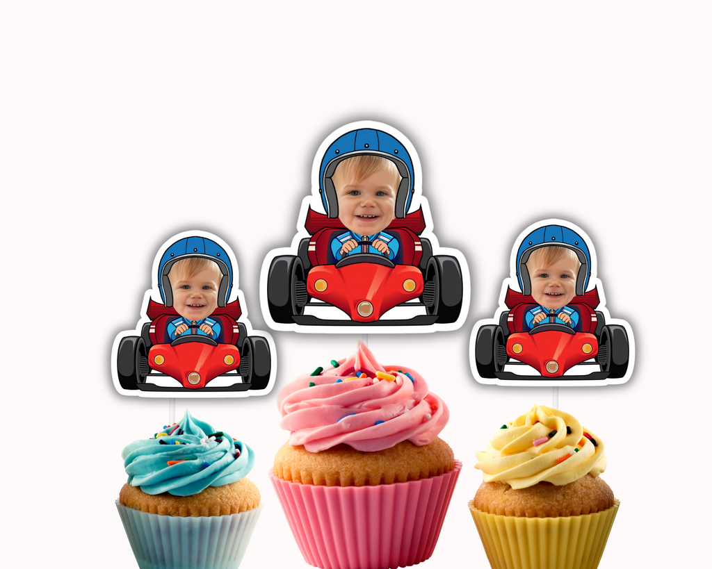 picture of 3 cupcakes with 3 go kart racers on top in a red go kart and blue helmet