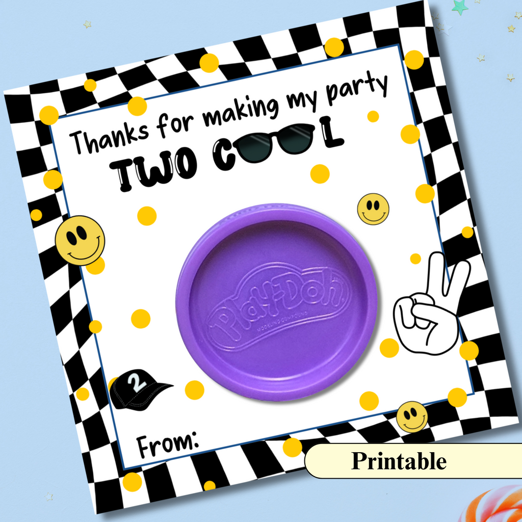 Play-Dough container with a decorative card on a blue background for a TWO cool party