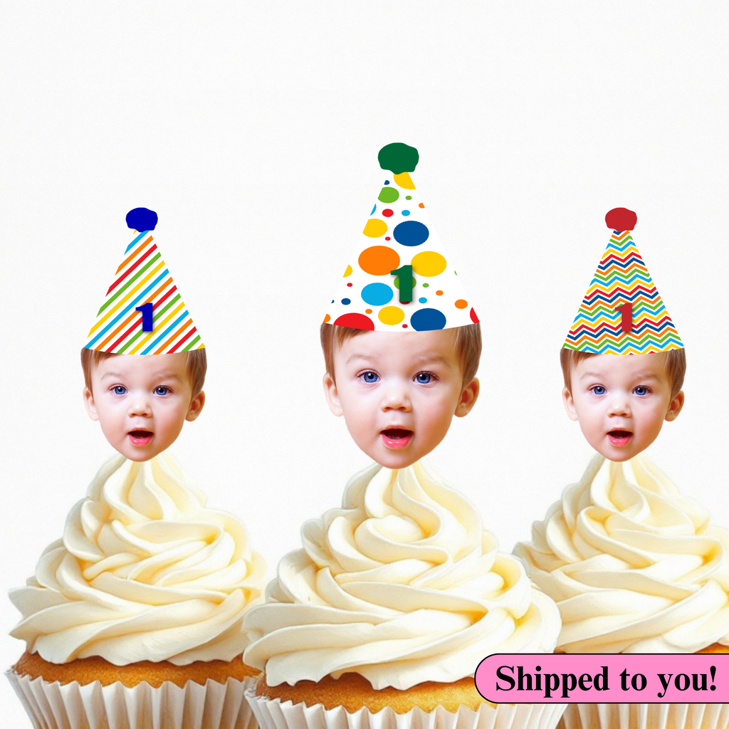 
primary colored party hats cupcake toppers personalized with photo