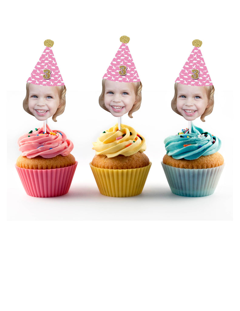 Girly Dinosaur Birthday Hat Custom Face Cupcake Toppers
