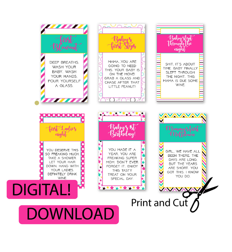 New Mom Wine Tags - Colorful Pink and Green Design - Printable