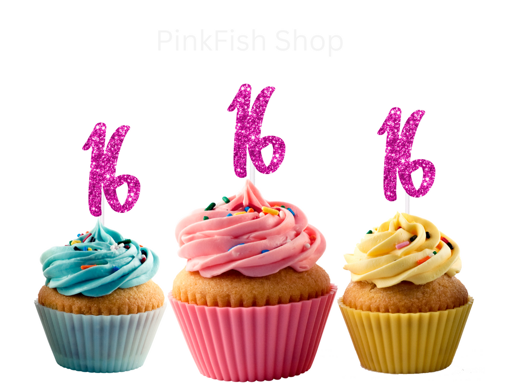 16th Birthday Glitter Cupcake Toppers (12 count)