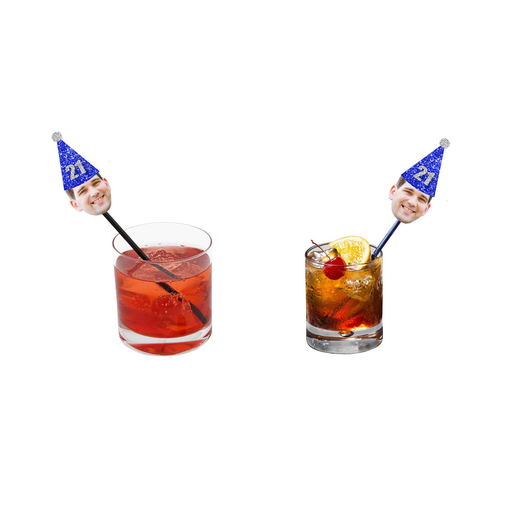 21st birthday drink stirrers with blue glitter birthday hat on top