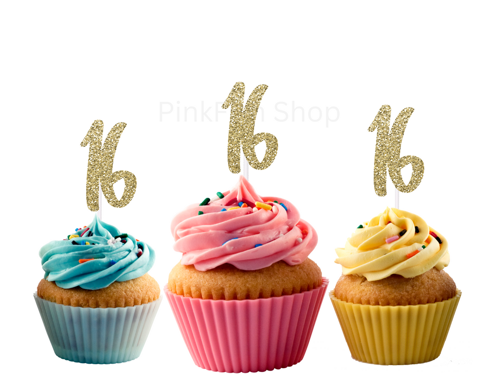 16th Birthday Glitter Cupcake Toppers (12 count)
