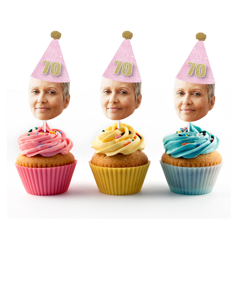 70th birthday cupcake toppers with birthday hat and face