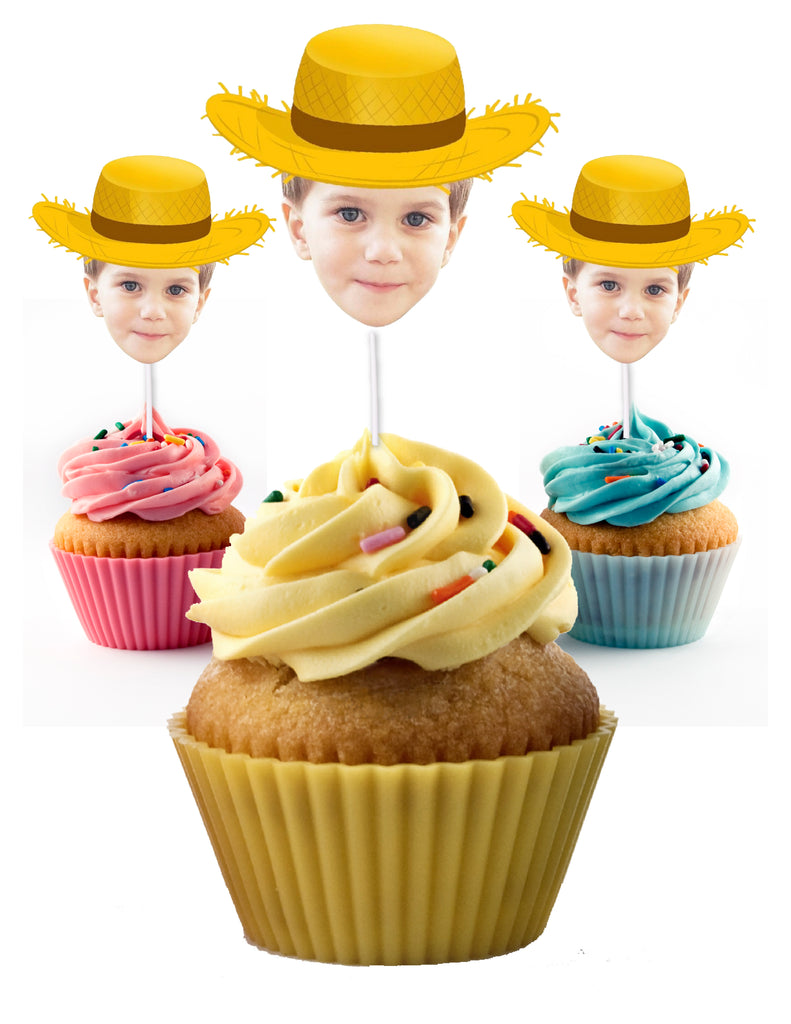 Farm themed cupcake toppers personalized with photo and farmers hat