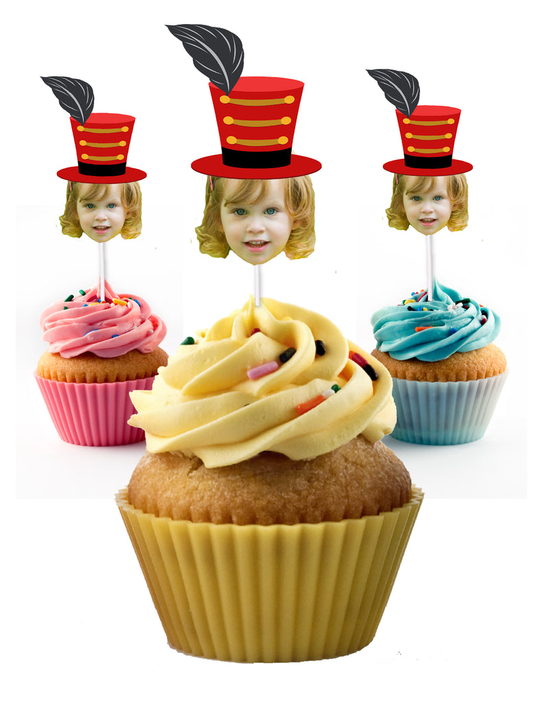 Circus cupcake toppers personalized with circus hat and photo