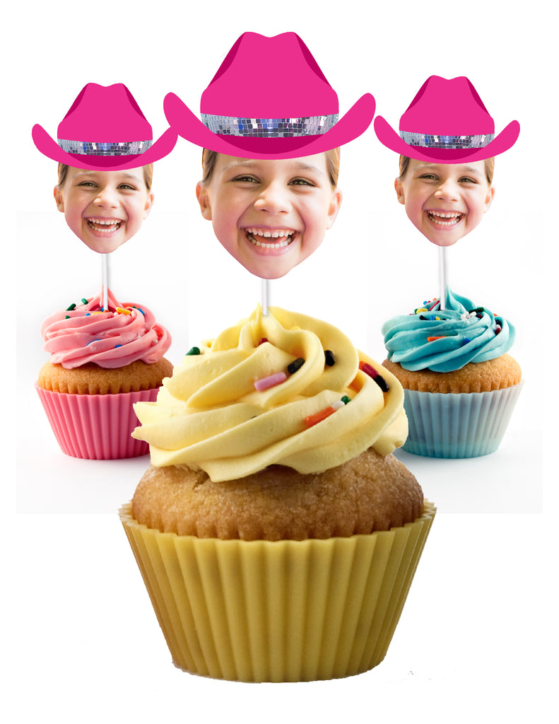 Disco cowgirl cupcake toppers personalized with photo