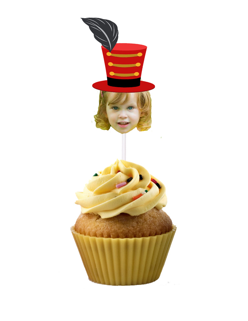 Circus cupcake toppers personalized with circus hat and photo