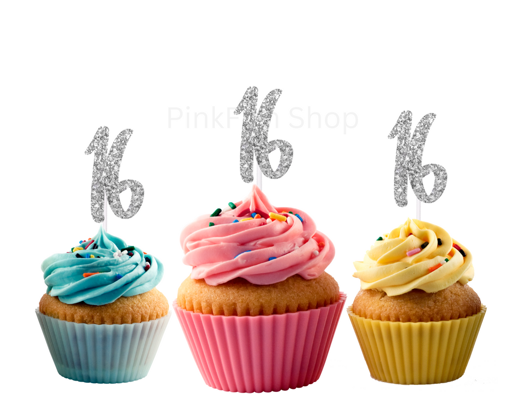 16th Birthday Glitter Cupcake Toppers (12 count)