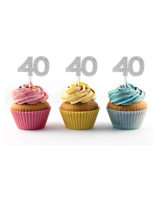 40th birthday cupcake toppers in silver glitter