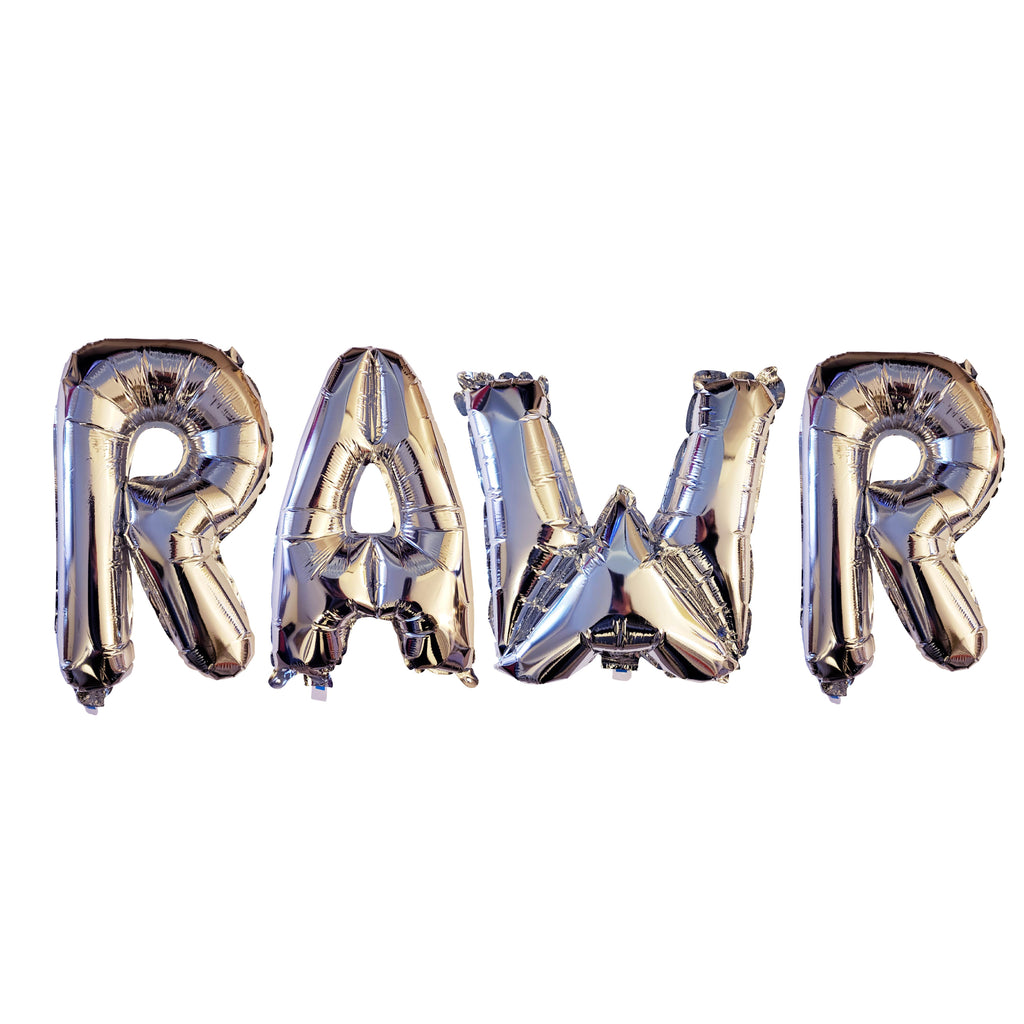 Silver foil RAWR balloons for dinosaur party
