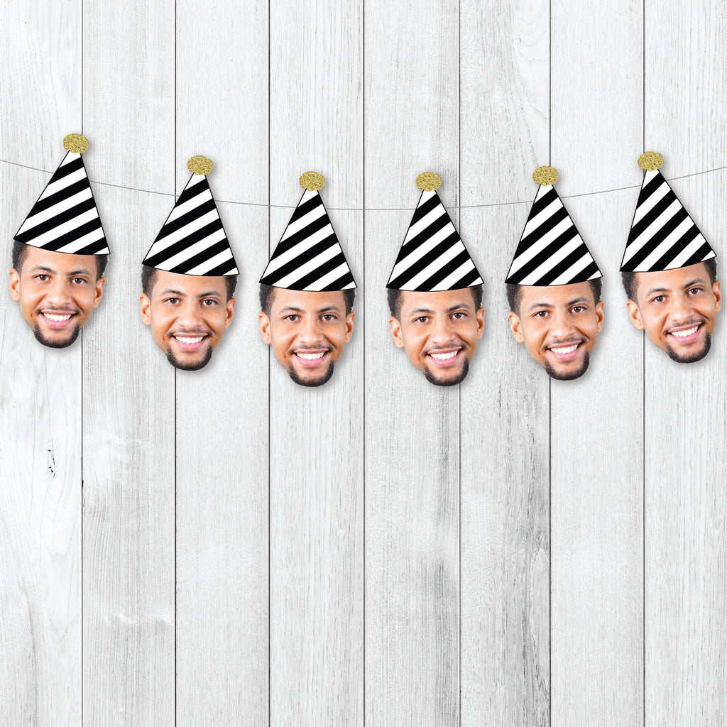 Birthday banner with face and birthday hat