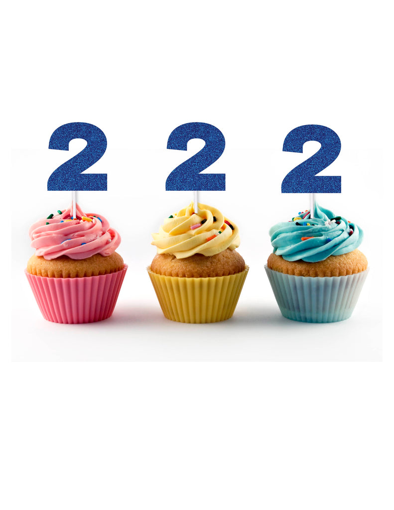 Blue glitter second birthday cupcake toppers