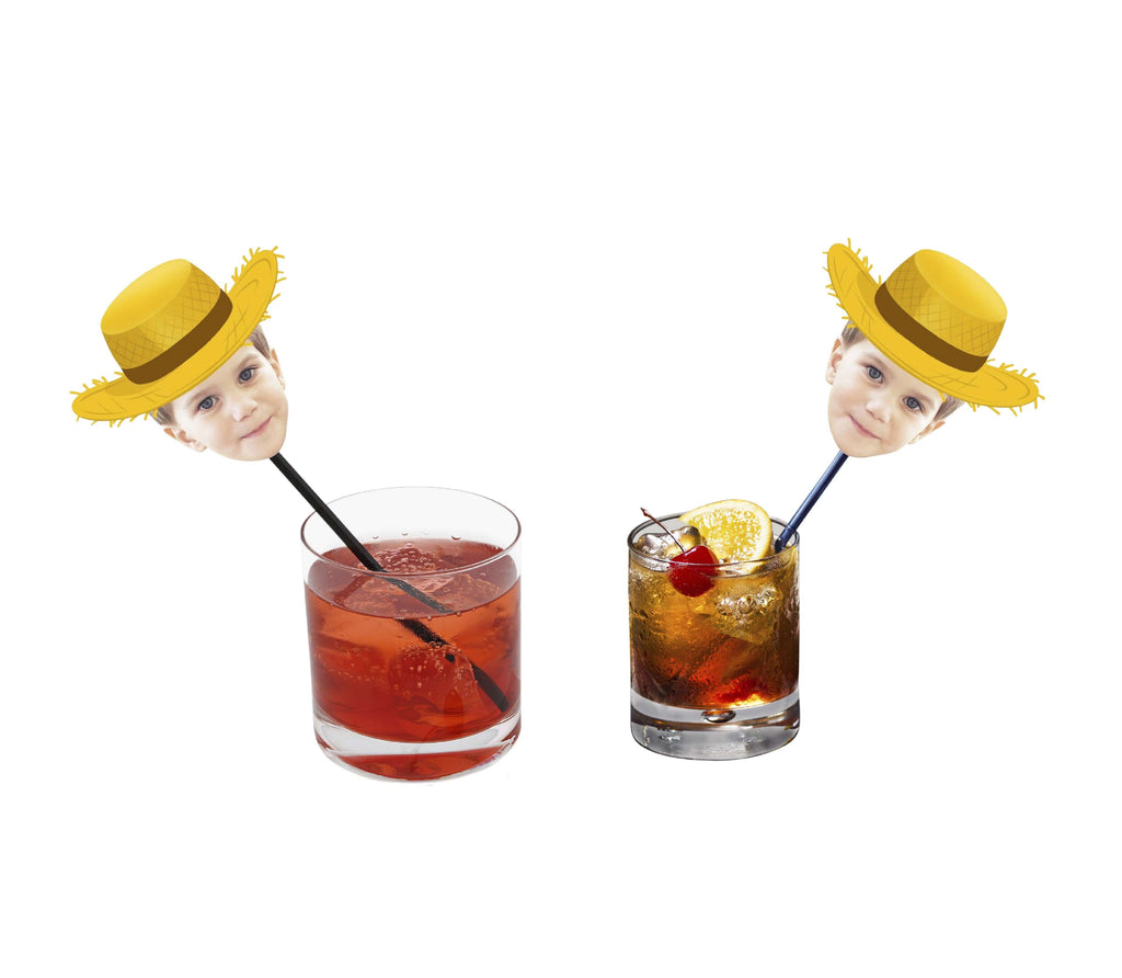 Country-style photo drink stirrer with straw hat for barnyard party