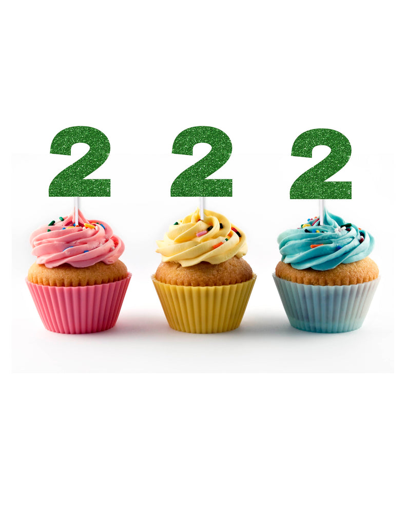 Green Glitter Cupcake Toppers with the number 2