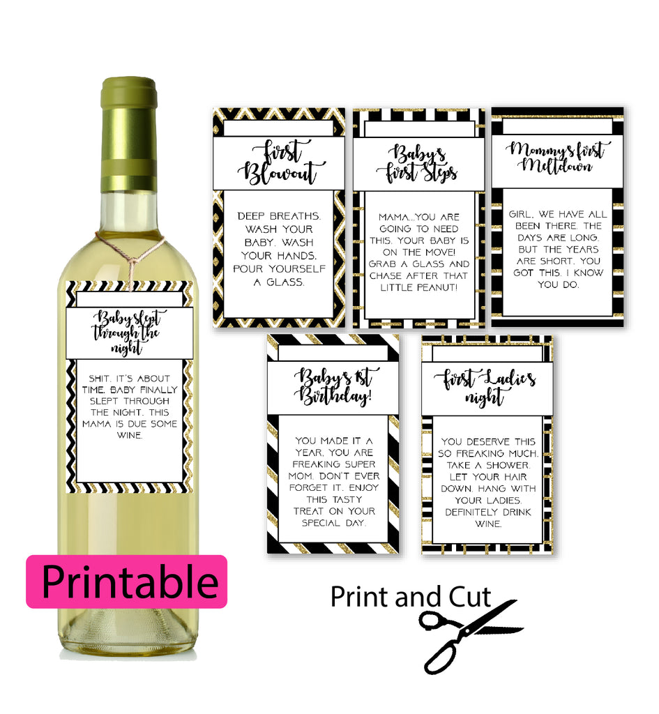 New mom Wine tags - printable in black and gold