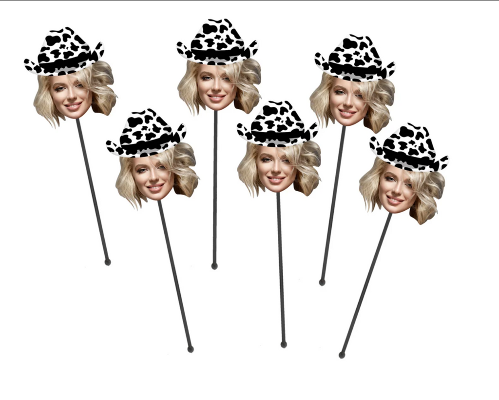 Cow Print Cowboy Drink Stirrers Customized with Face