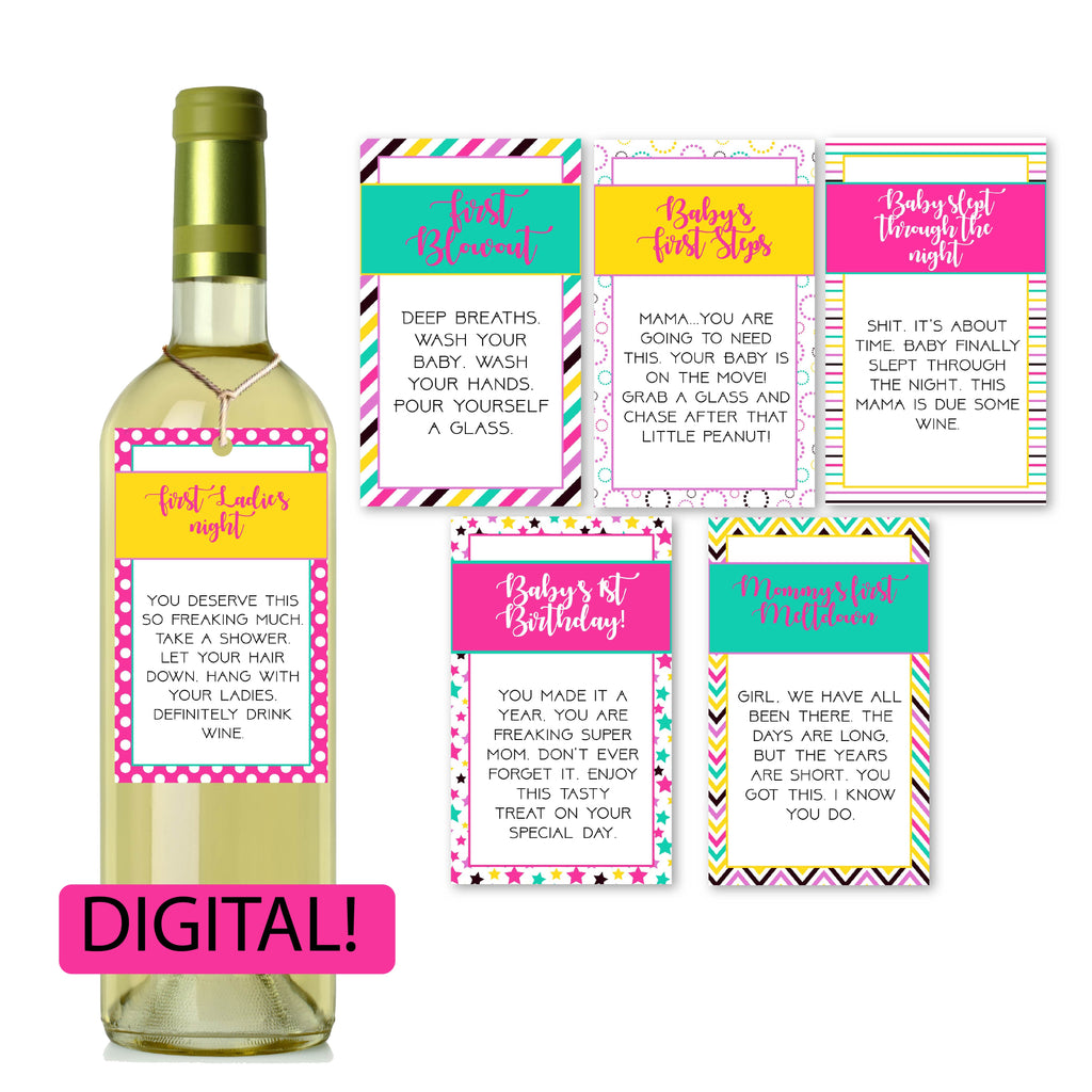 New Mom Wine Tags - Colorful Pink and Green Design - Printable