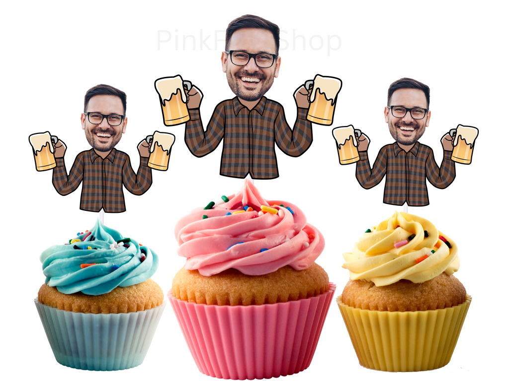 Handmade cupcake toppers with personalized photo of man in flannel shirt holding beer