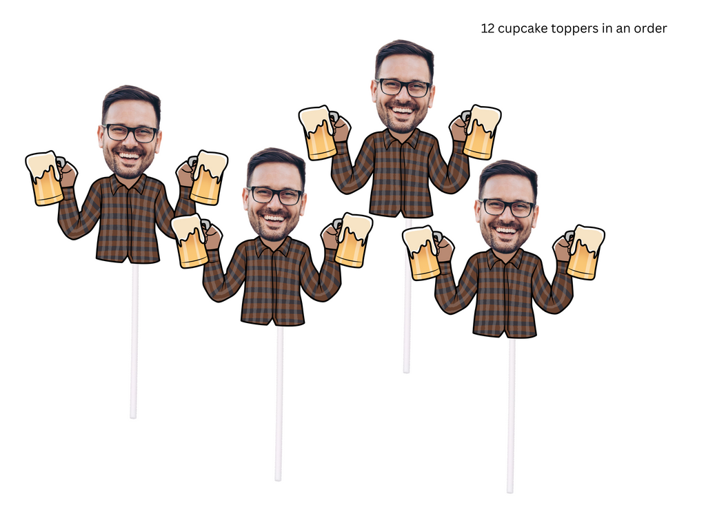 Customized photo cupcake toppers featuring a man in a flannel shirt holding beers