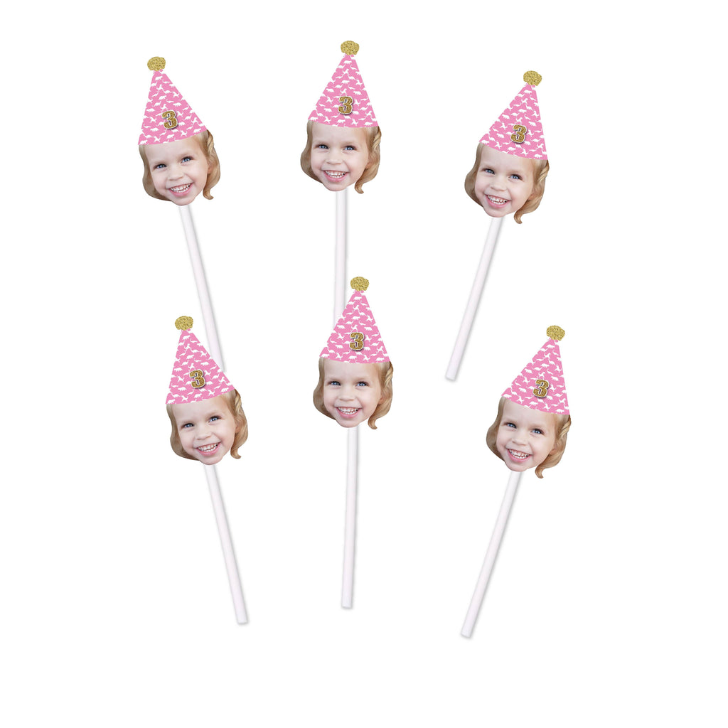 Girly Dinosaur Birthday Hat Custom Face Cupcake Toppers