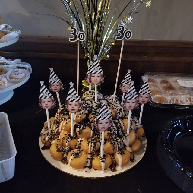 30th birthday cupcake toppers with black and white party hat and photo