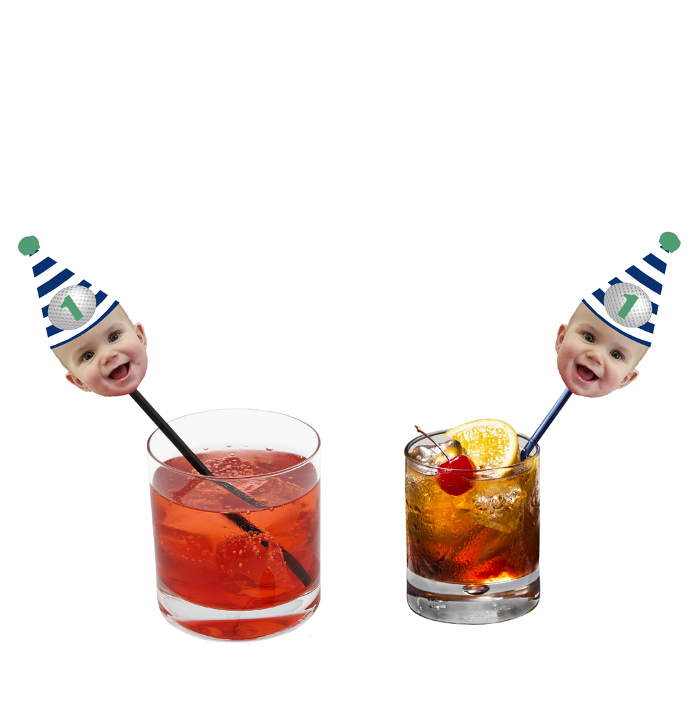 face drink stirrers with a blue and white party hat in a drink