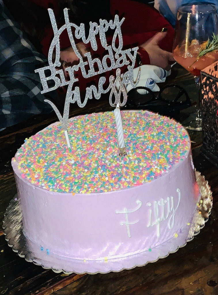 Happy Birthday Cake Topper with Name in Silver Glitter