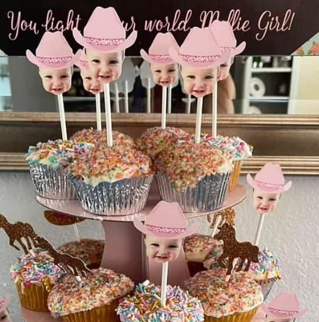 Rodeo themed cupcake toppers personalized with your face and a pink cowboy hat