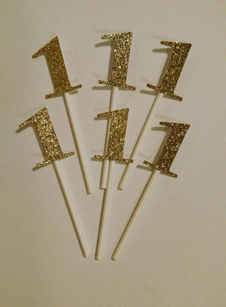 Glitter 1 Cupcake Topper for First Birthday or Anniversary (12 count) - gold or silver glitter